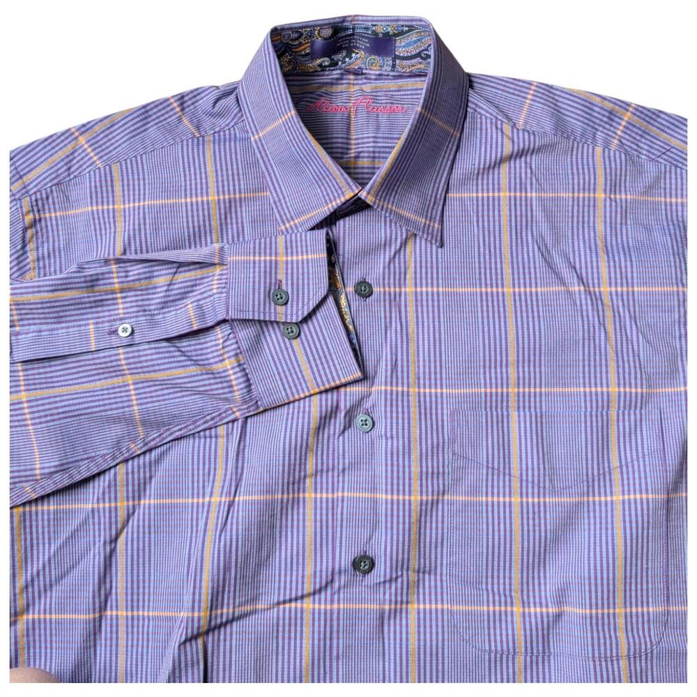Alan Flusser Shirt Mens Medium Purple Yellow Plaid Button Up Long Sleeve Cotton